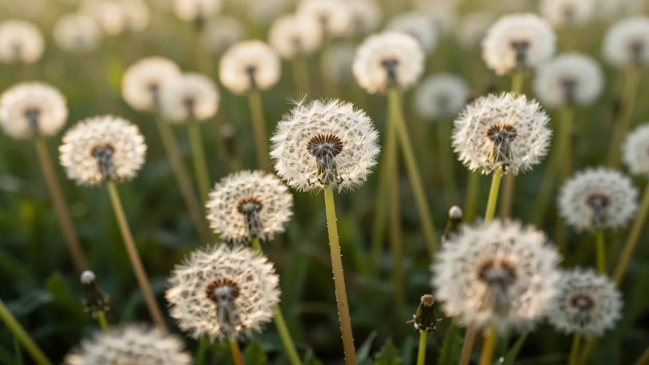 A field of fluffy dandelion seed heads glows in warm soft evening light
