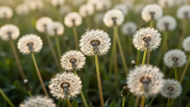 A field of fluffy dandelion seed heads glows in warm soft evening light