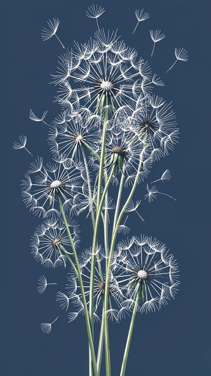 White dandelion seed heads and floating seeds stand against a solid dusky blue background