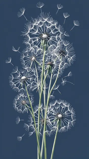 White dandelion seed heads and floating seeds stand against a solid dusky blue background