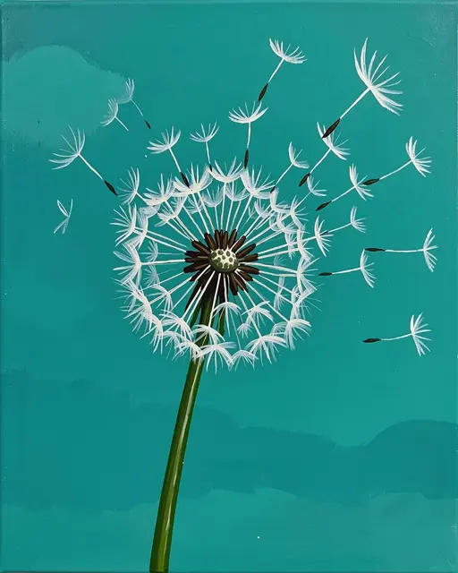 Acrylic painting of a dandelion puff losing floating seeds against a solid teal background