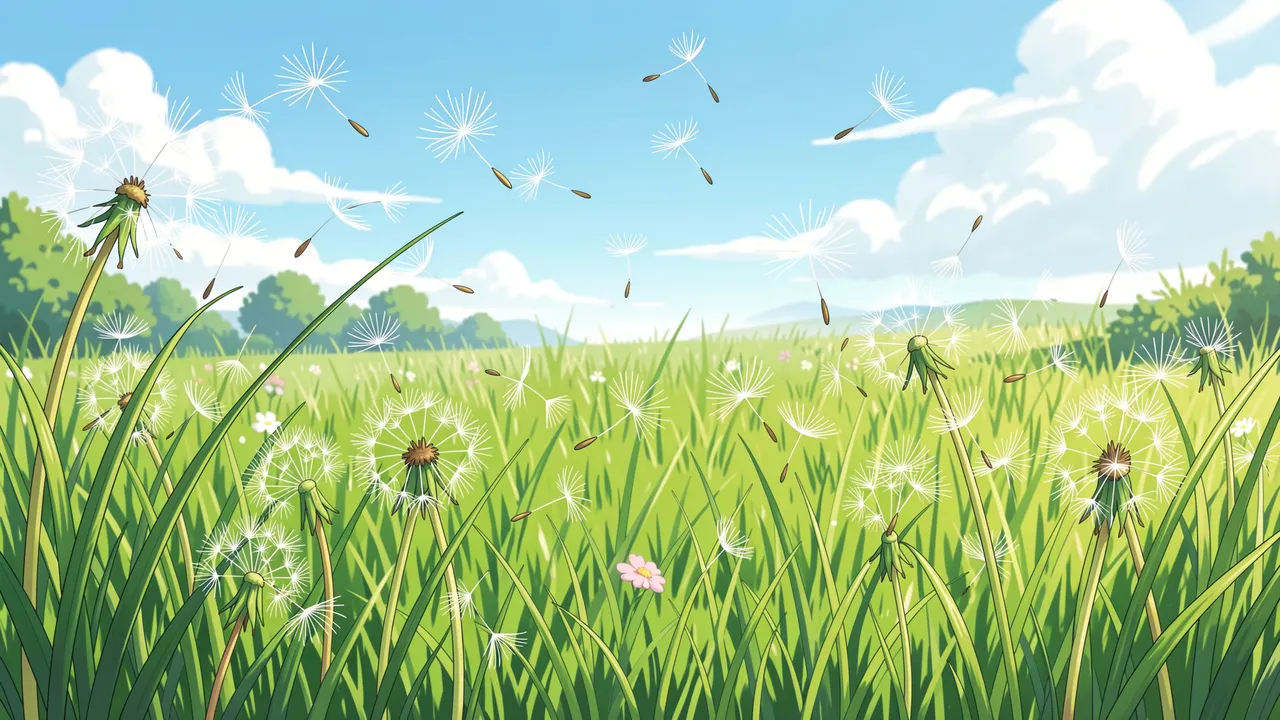 Anime style illustration of dandelion seeds blowing across a bright green grass meadow under a blue cloudy sky