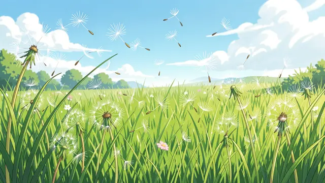 Anime style illustration of dandelion seeds blowing across a bright green grass meadow under a blue cloudy sky