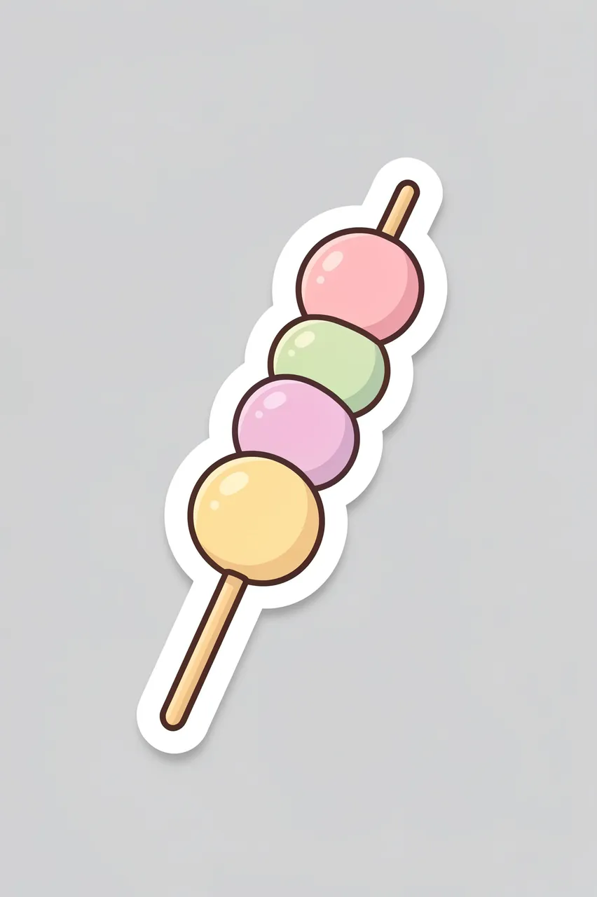 A cute flat illustration sticker of a pastel dango skewer with a thick white border on a light gray background.
