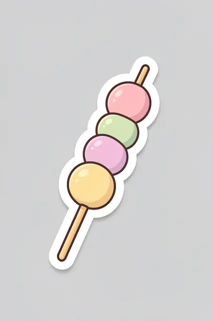 A cute flat illustration sticker of a pastel dango skewer with a thick white border on a light gray background.