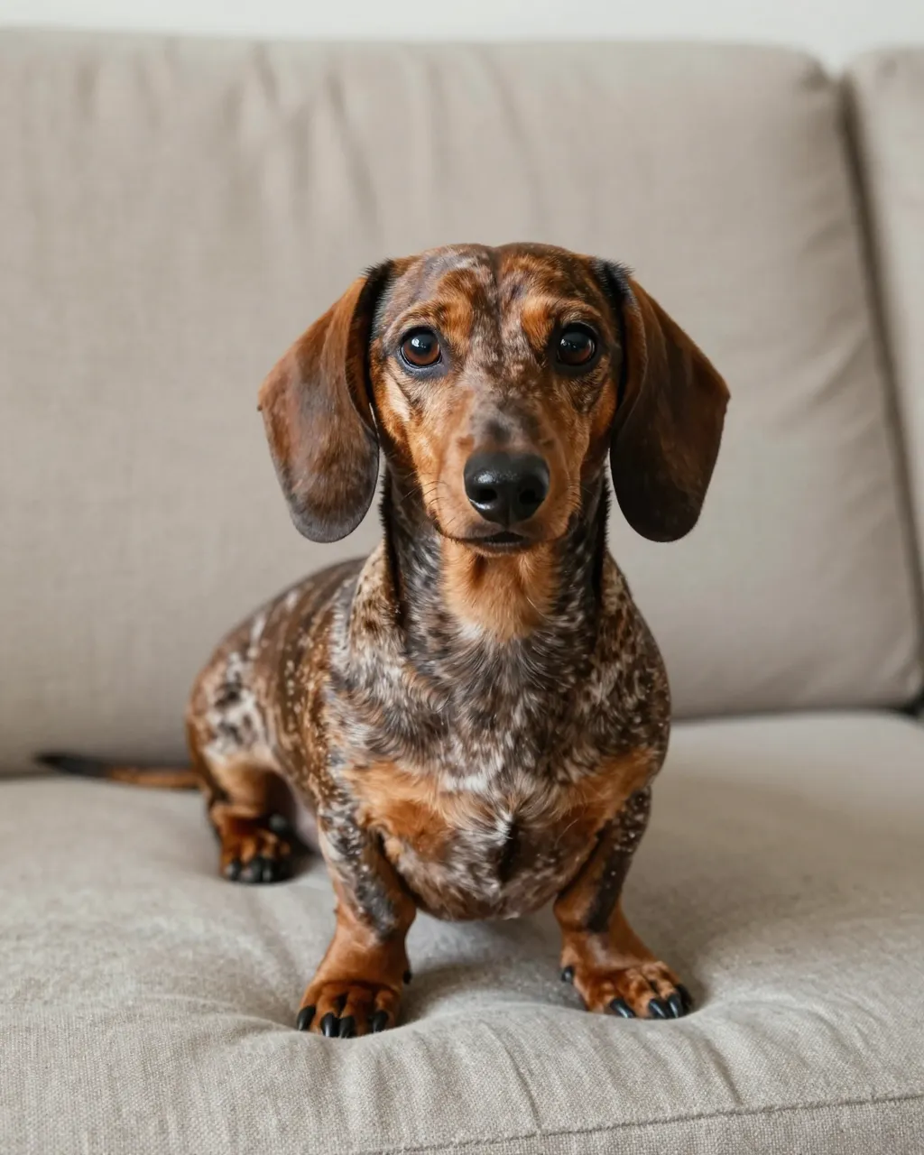 A dapple dachshund sits upright on a beige linen sofa looking directly at the camera