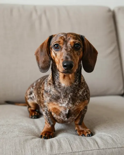 A dapple dachshund sits upright on a beige linen sofa looking directly at the camera