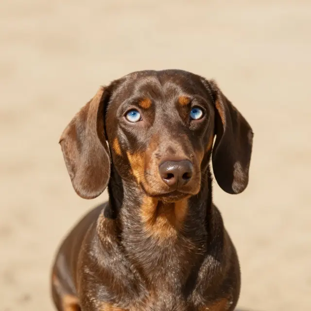 Close-up headshot of a chocolate dapple dachshund with blue eyes against a warm sand backdrop