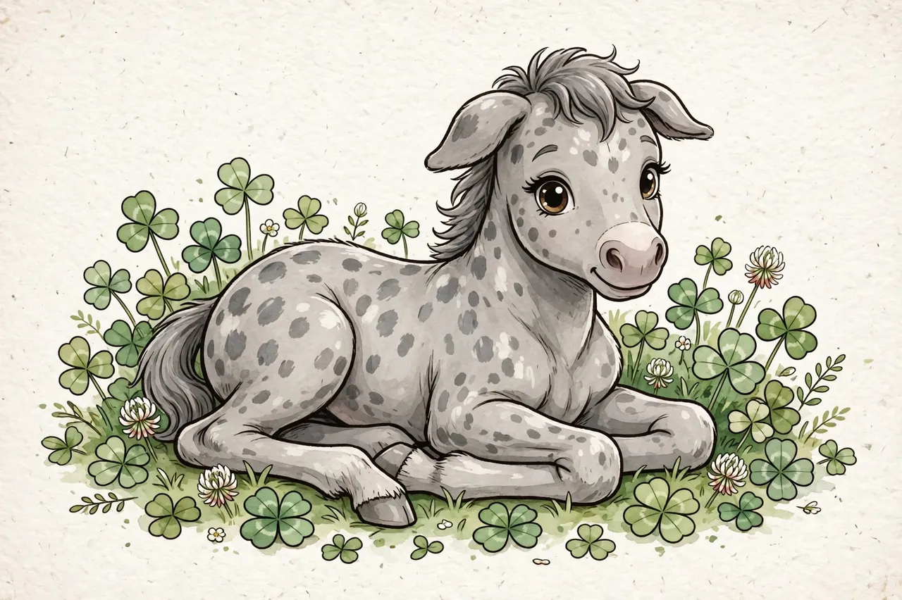 Cute cartoon dapple gray foal lies folded-legged among clover on textured off-white paper