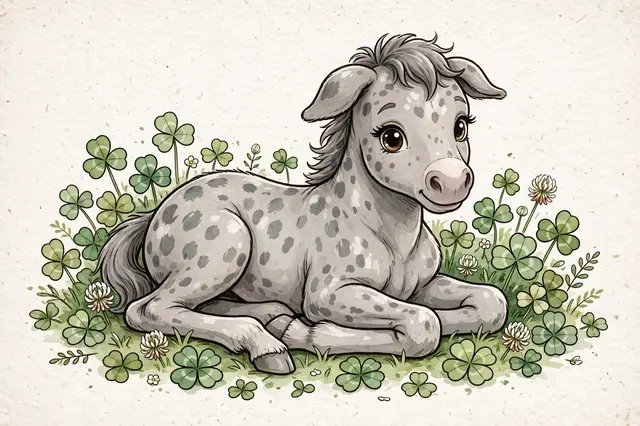 Cute cartoon dapple gray foal lies folded-legged among clover on textured off-white paper