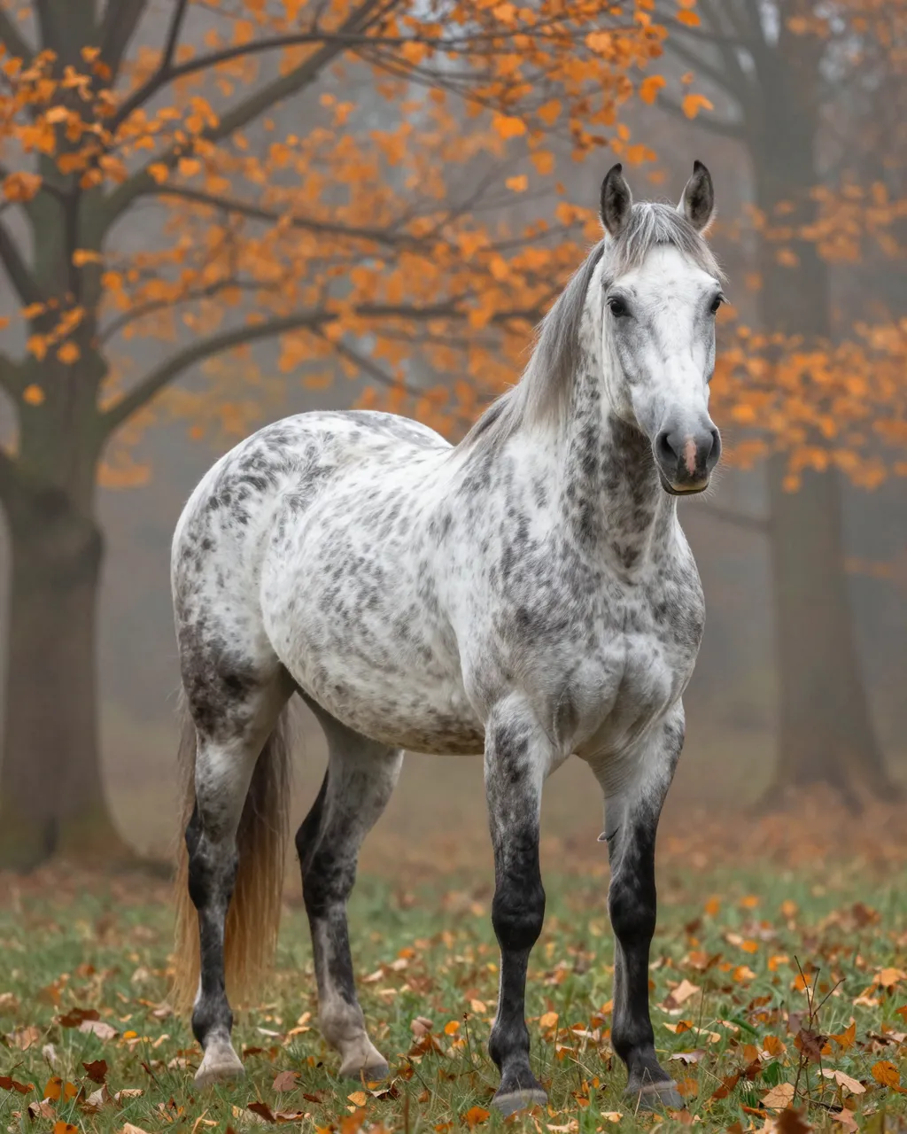 A dapple gray horse stands still on leaf-strewn grass in a misty autumn forest with orange foliage