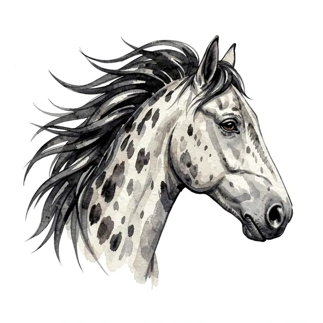Watercolor profile portrait of a dapple grey horse with wind-blown dark mane on a plain white background