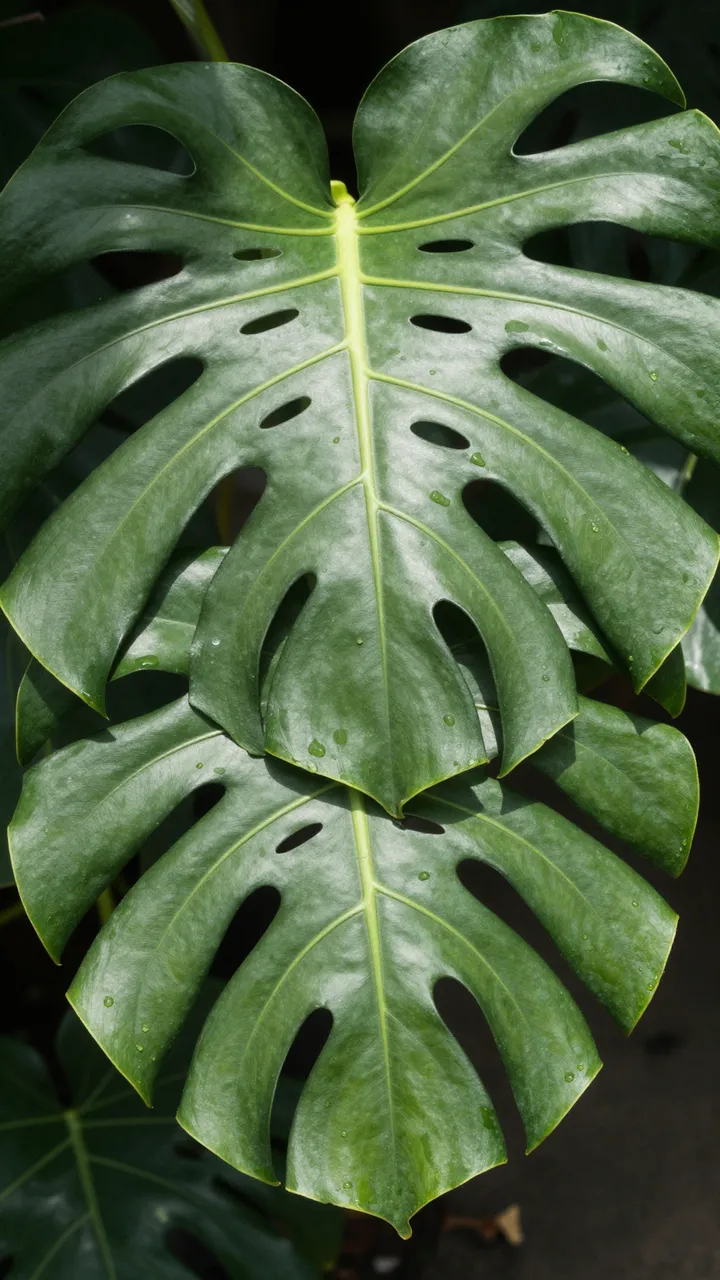 Close-up of overlapping glossy monstera leaves with water droplets catching soft dappled light