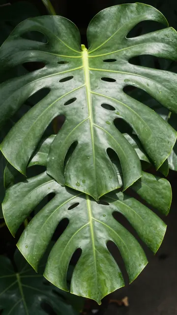 Close-up of overlapping glossy monstera leaves with water droplets catching soft dappled light