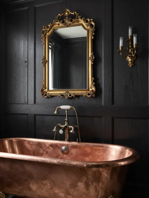 Antique copper freestanding tub sits below an ornate gilt mirror and wall sconce on dark wood paneling.