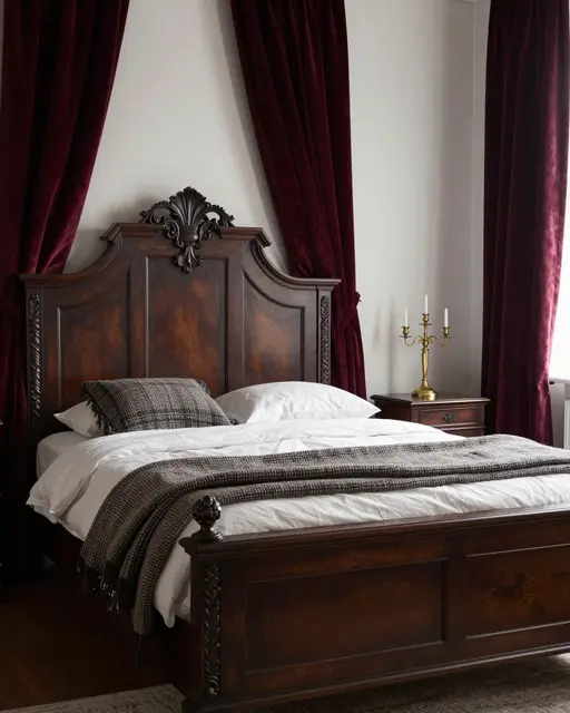 Ornate carved dark wood bed sits between oxblood velvet curtains in a moody traditional bedroom