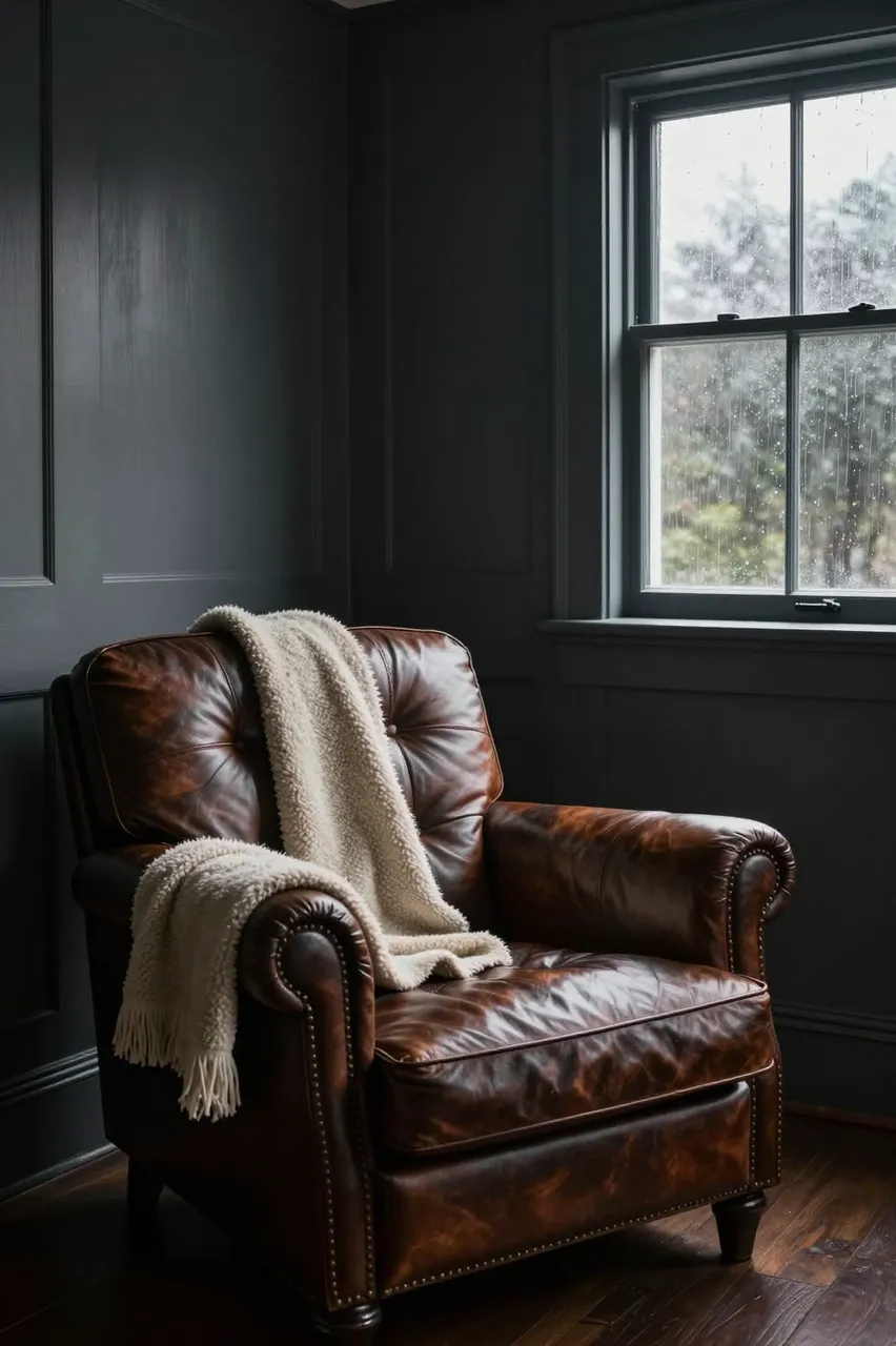 Vintage leather club chair with a wool throw sits next to a rain streaked window in a paneled dark gray room
