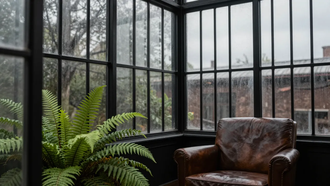 A brown leather armchair sits beside ferns inside a black-framed conservatory under overcast skies