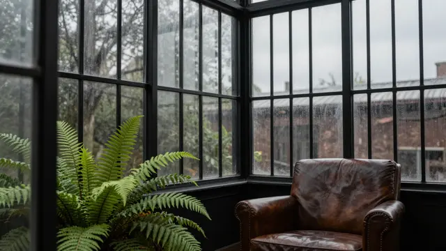 A brown leather armchair sits beside ferns inside a black-framed conservatory under overcast skies