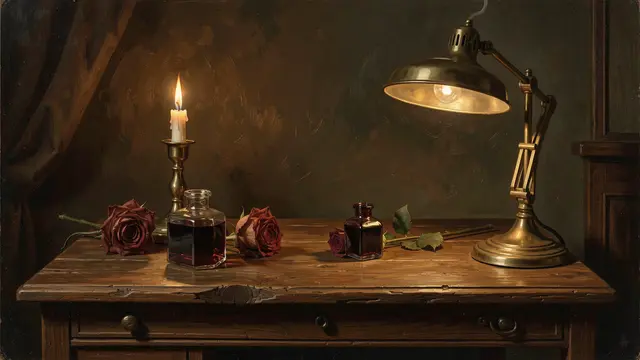 Oil painting of an oak desk holding a lit candle, brass lamp, ink bottles and dried roses in warm low light.