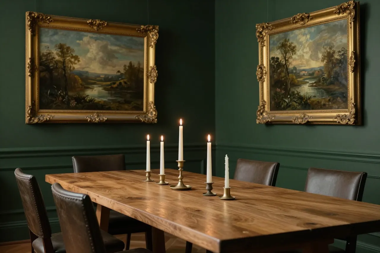 Long oak dining table with lit candles sits below gilded landscape paintings on dark green walls