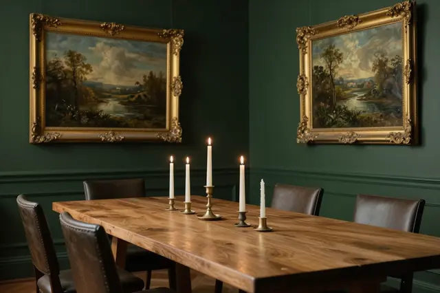 Long oak dining table with lit candles sits below gilded landscape paintings on dark green walls