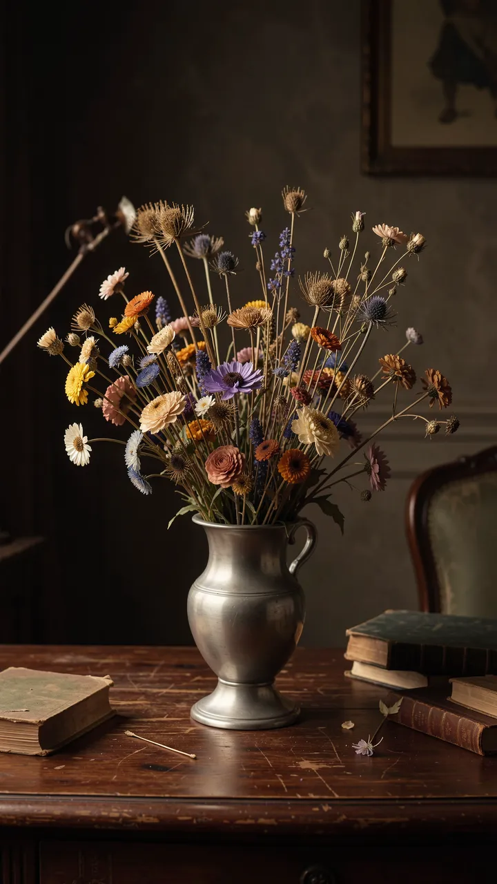 Dried wildflowers in a pewter vase sit atop a worn dark wood desk surrounded by old books in moody old master lighting