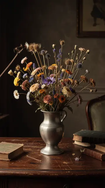 Dried wildflowers in a pewter vase sit atop a worn dark wood desk surrounded by old books in moody old master lighting