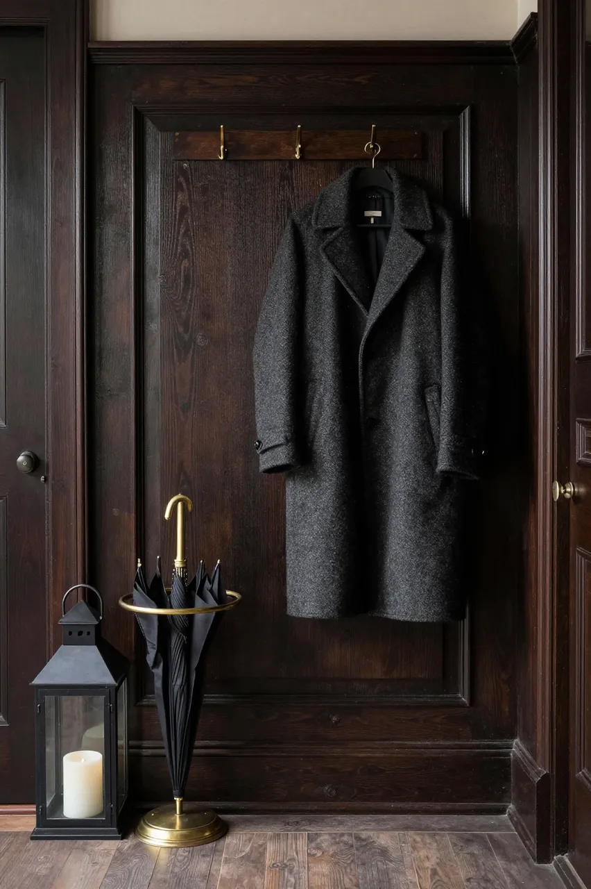 Dark wood wainscoted entryway with a hanging wool coat, brass umbrella stand, and candle lantern