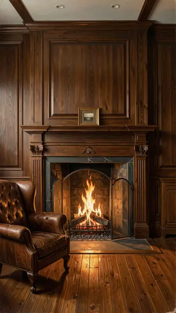 A lit crackling fireplace sits beside a tufted leather armchair in a wood paneled room