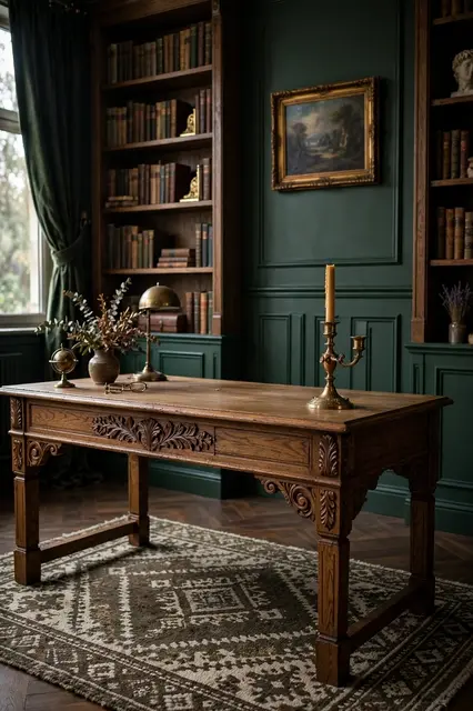 Carved oak desk sits on a wool rug in a deep green paneled home office with built-in bookshelves