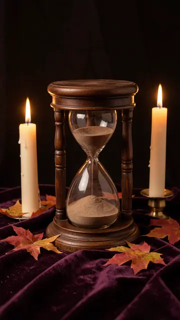 Wooden hourglass flanked by lit candles on purple velvet with scattered autumn maple leaves