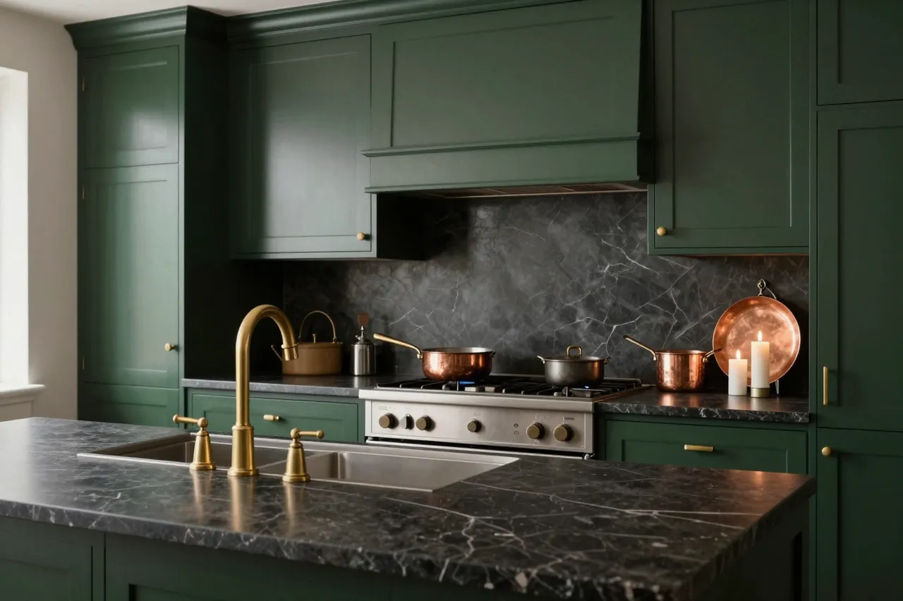 Candlelit dark academia kitchen with deep green cabinets, dark marble counters, brass fixtures and hanging copper cookware