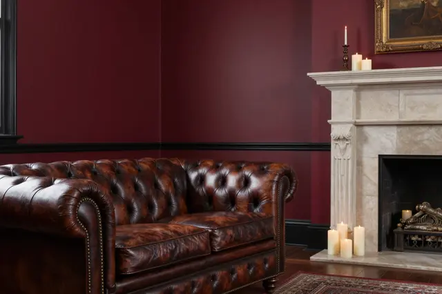 Tufted brown leather sofa sits beside a stone fireplace in an oxblood walled living room
