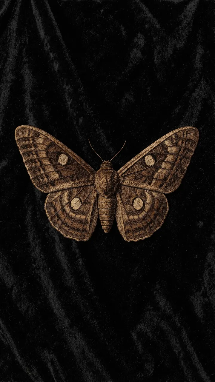 Detailed engraved brown moth with spread wings resting on dark crushed velvet
