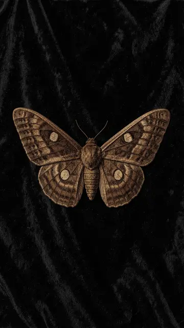 Detailed engraved brown moth with spread wings resting on dark crushed velvet