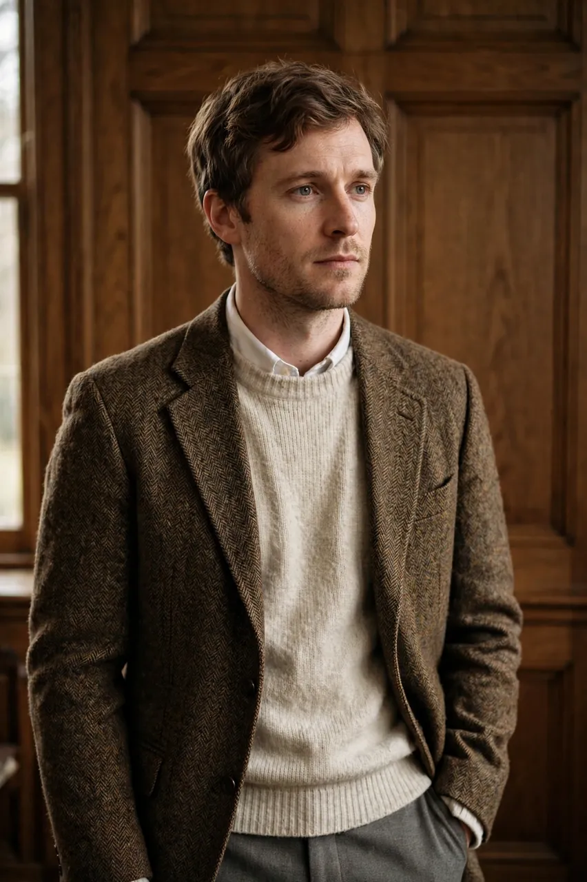 A man in his thirties in a tweed blazer, cream sweater, and gray trousers stands by wooden oak paneling.