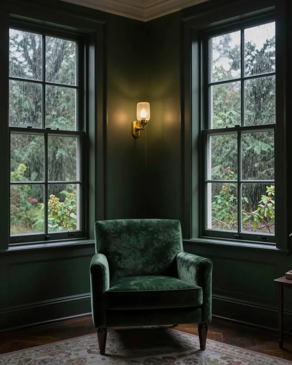 Green velvet armchair sits between tall rain-streaked windows in a dark green paneled room lit by a brass sconce.