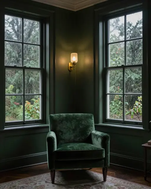 Green velvet armchair sits between tall rain-streaked windows in a dark green paneled room lit by a brass sconce.