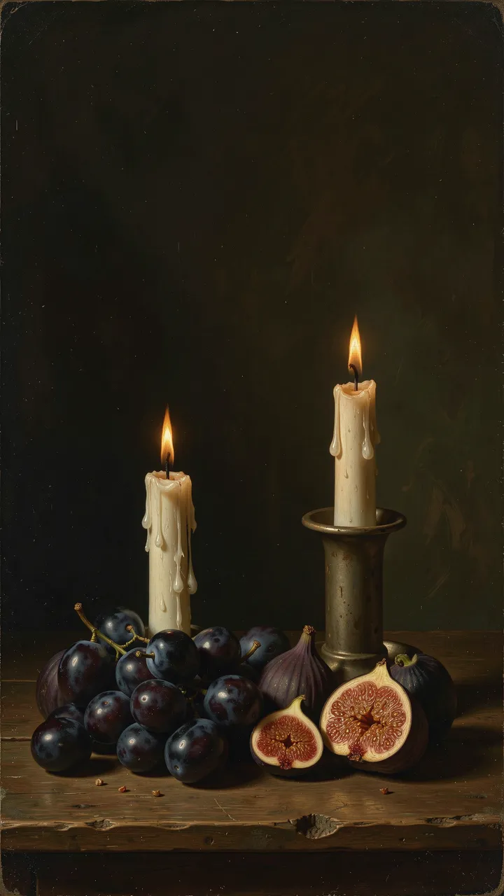 Old master style still life of plums, figs and lit melting candles on a wooden table against a dark background