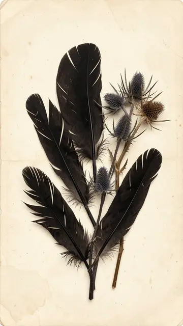 Black crow feathers and dried thistles arranged on aged cream vintage paper