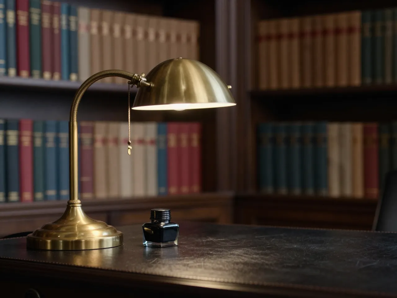 Lit brass desk lamp and inkwell sit on a leather-topped desk with blurred old bookshelves in the background.