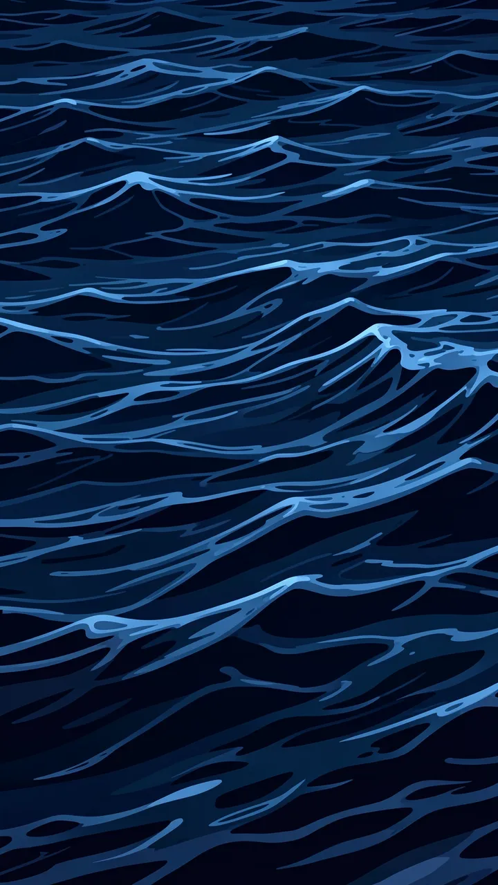 Vertical stylized illustration of rolling dark blue ocean waves lit with pale blue highlights at night