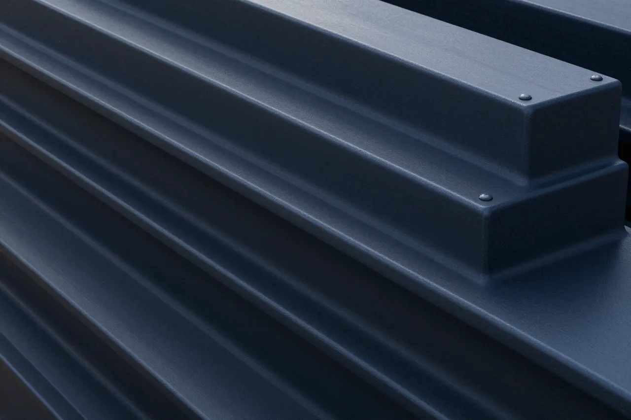 Close-up full frame view of ribbed dark blued steel with a deep blue-black sheen under soft light
