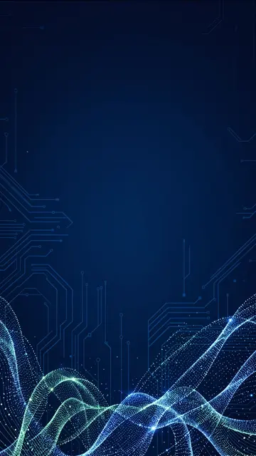 Glowing dotted particle waves rise from the bottom of a dark blue background with empty upper space