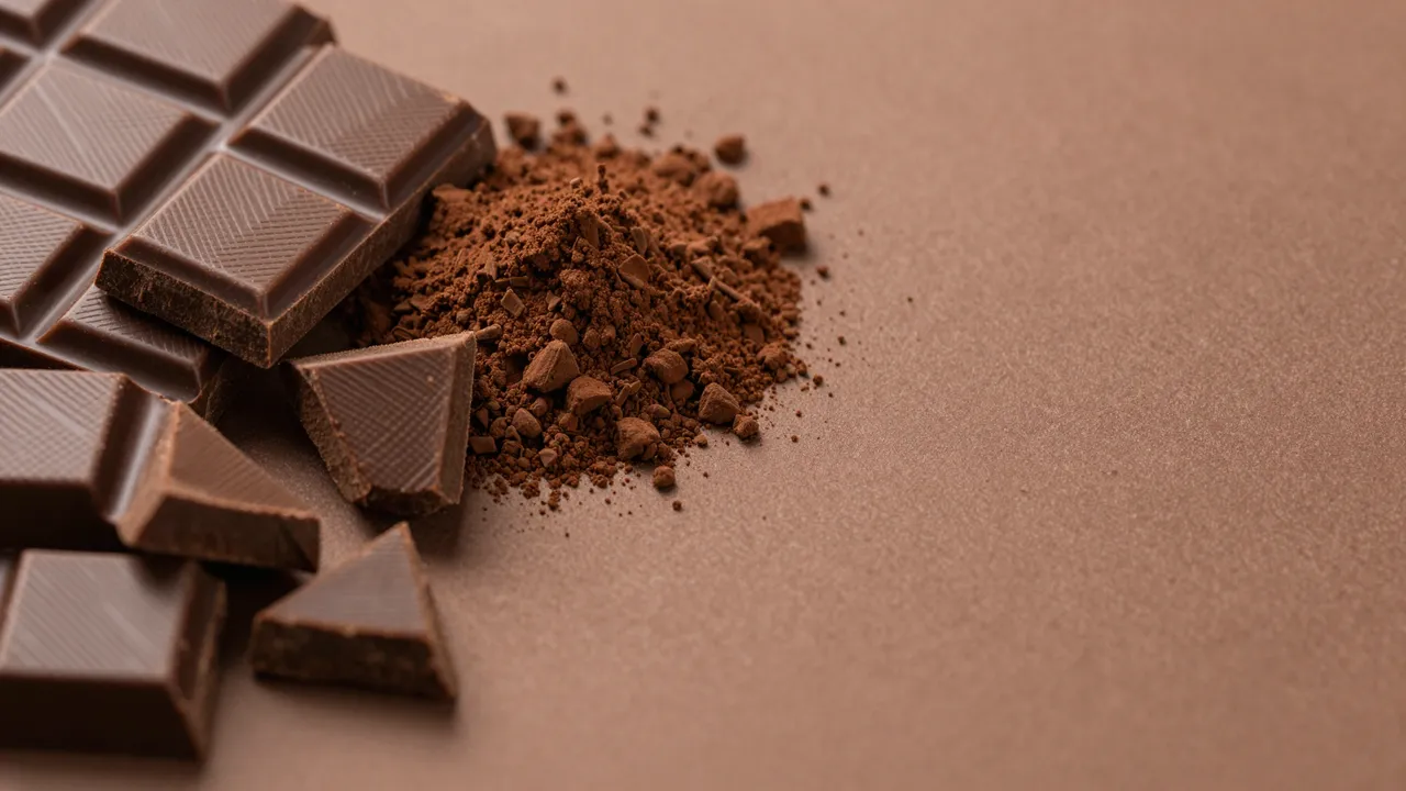 Broken dark chocolate pieces and cocoa powder sit at the left edge of a smooth brown surface with empty copy space to the