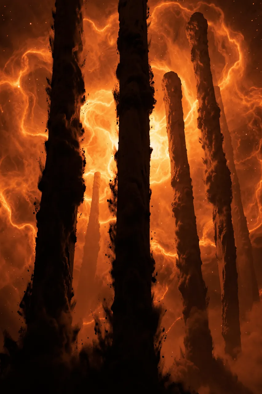 Tall towering dark dust pillars stand against a swirling glowing orange cosmic nebula