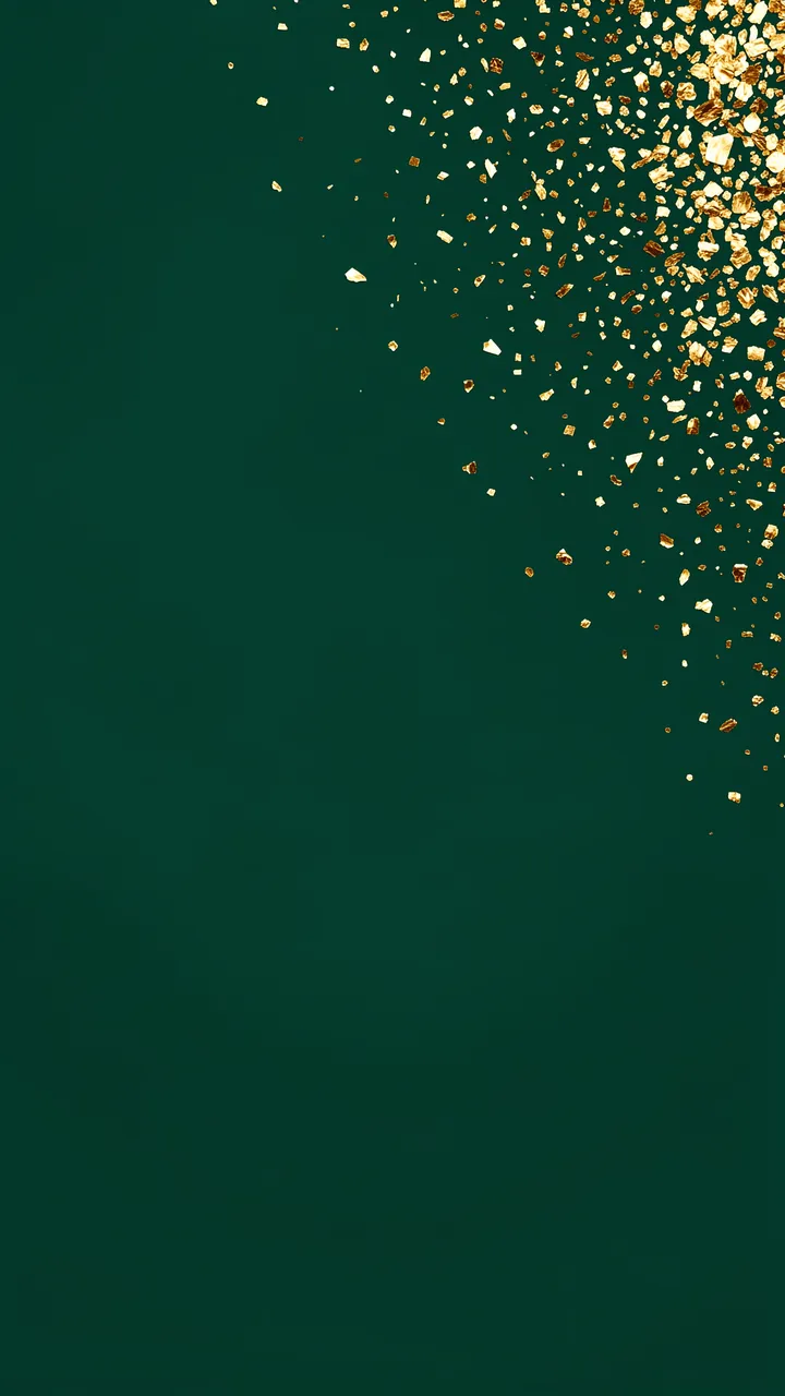 Smooth dark emerald background with scattered gold flecks concentrated in the upper right and empty copy space below.