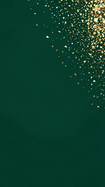 Smooth dark emerald background with scattered gold flecks concentrated in the upper right and empty copy space below.