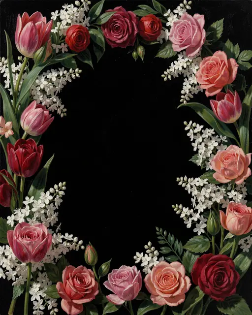 An oil painting floral border of tulips, roses and white flowers frames an empty solid black center